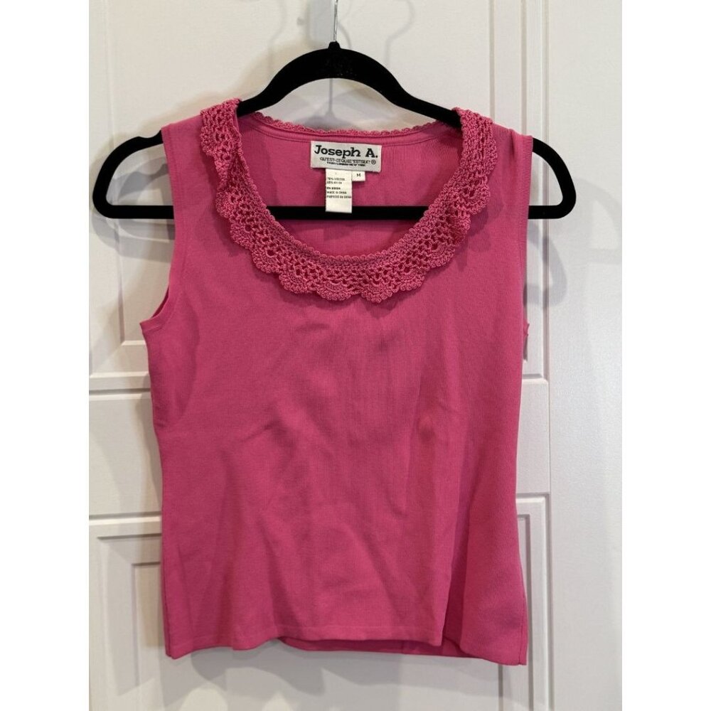 Vtg Joseph A Pink Sleeveless Knit Top Scalloped Lace Crochet Neckline EUC Y2K